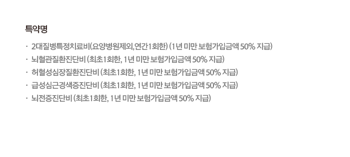 특약명 2대질병특정치료비(요양병원제외, 연간1회한) (1년 미만 보험가입금액 50% 지급) 뇌혈관질환진단비(최초1회한, 1년 미만 보험가입금액 50% 지급) 허혈성심장질환진단비(최초1회한, 1년 미만 보험가입금액 50% 지급) 급성심근경색증진단비(최초1회한, 1년 미만 보험가입금액 50% 지급) 뇌전증진단비(최초1회한, 1년 미만 보험가입금액 50% 지급)
