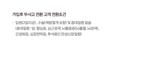 가입후 무사고 전환 고객 전환조건 입원(2일이상), 수술(제왕절개 포함) 및 중대질환 없음 (중대질환: 암, 협심증, 심근경색, 뇌졸중(뇌출혈, 뇌경색), 간경화증, 심장판막증, 투석중인만성신장질환)