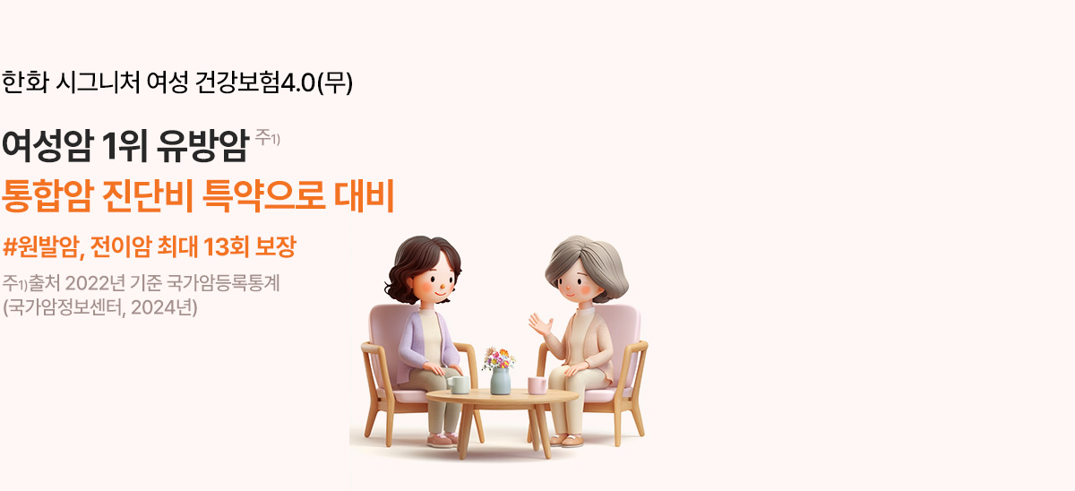 한화 시그니처 여성 건강보험4.0(무) 여성암 1위 유방암 통합암 진단비 특약으로 대비 #원발암, 전이암 최대 13회 보장 주1)출처 2022년 기준 국가암등록통계 (국가암정보센터, 2024년)