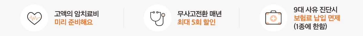고액의 암치료비 미리 준비해요 / 무사고전환 매년 최대 5회 할인 / 9대 사유 진단시 보험료 납입 면제(1종에 한함)